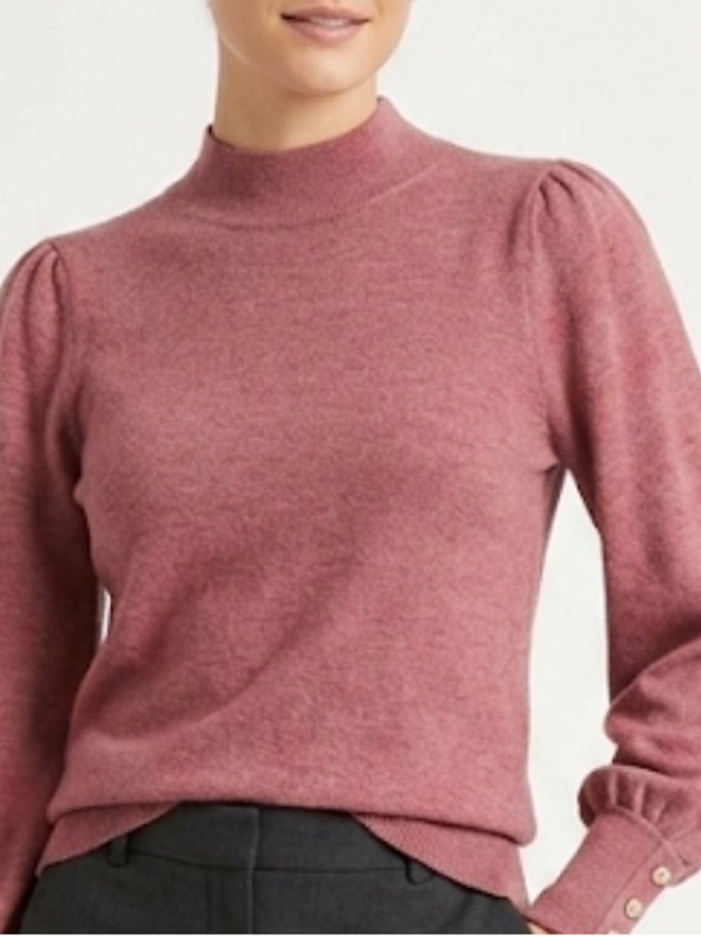 100% Merino Wool Mock Neck Sweater Gold Button Cuffs Pink Size M